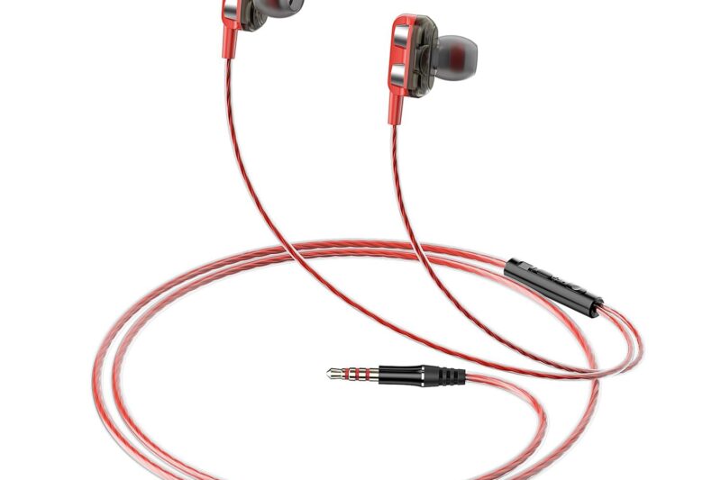 amazon basics in-Ear Wired Earphones with 9 mm Dual Drivers, in-Line Mic, Powerful Bass, Noise Isolation, 3.5 mm Audio Jack (Black and Red)