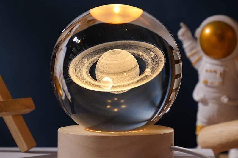 3D Galaxy Crystal Ball Night Light | Dimmable Engraved LED Glass Ball Table Lamp with USB and Wooden Base for Home Decor, Office, Birthday Gift & Kids Bedroom (Saturn)