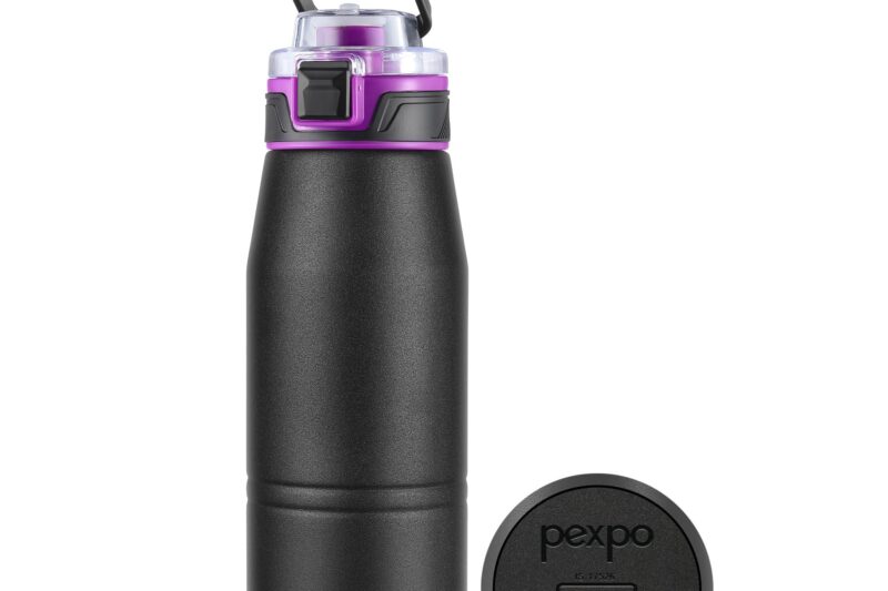 Pexpo Atlas 800 ISI Certified Stainless Steel Vacuum Insulated Flask – 740ml | Double Wall | Flip Top Cap | Hot & Cold Water Bottle for Adults | Ideal for Home, Office, Gym, Outdoor – Knight Black