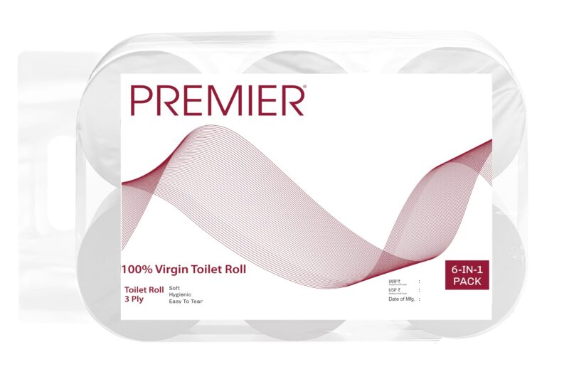 Premier 3 Ply Toilet Tissue Roll (1800 Pulls) | 300 Pulls x 6 Rolls | Biodegradable, Clog Free, Flushable, Easy to Tear | Extra Absorbent Toilet Paper Roll for Home, Office, Bathroom Tissue