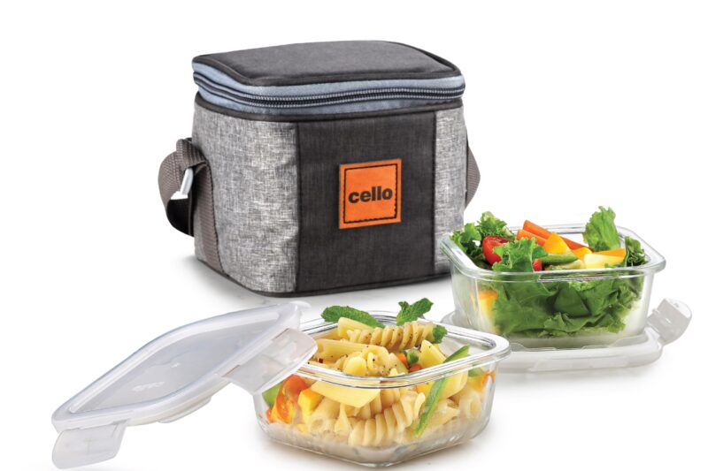 CELLO Glassy Square Lunch Box Set of 2 Pcs (320ml x 2) with Jacket For Office, Transparent | Microwave Safe Leadfree Toughened Glass, Airtight Leakproof Adjustable Carry Strap Tiffin Box For Daily Use