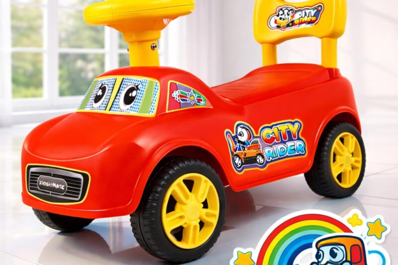 Kidsmate City Rider Baby Ride-On Push Car for Kids | Fun & Safe Ride Baby Car with Steering Wheel & Comfortable Backrest | Perfect for Indoor & Outdoor Fun for Toddlers 1.5+ Years – Red/Yellow