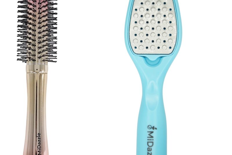 Midazzle Premium Round Hair Brush with Foot Scrubber, Golden, Set of 2, for Men & Women