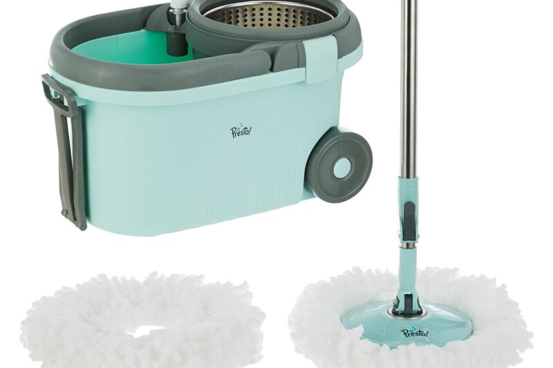 Amazon Brand – Presto! Clean Steel Spin Mop | Plastic & Stainless Steel | 2 Microfiber Refills | Big Wheels with Drag Handle | 360° Spin | Telescopic Handle | Green