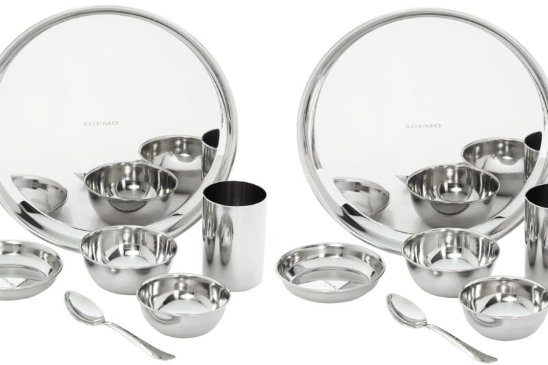 Amazon Brand – Solimo Dinner Set| Stainless Steel | Set of 6 | Solid Mirror Finish | Silver (Pack of 2)