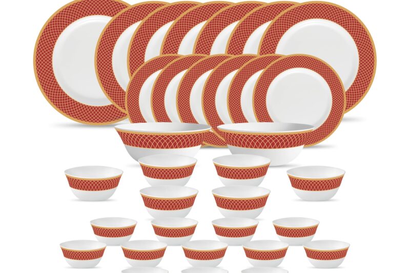 La Opala Diva Sovrana Collection Opal Glass Crockery | for Family of 6 | Dinner Set 33 pcs Regent Red | Plates & Bowls for Dining | Microwave Safe | 100% Vegetarian | Extra Strong | Light & White