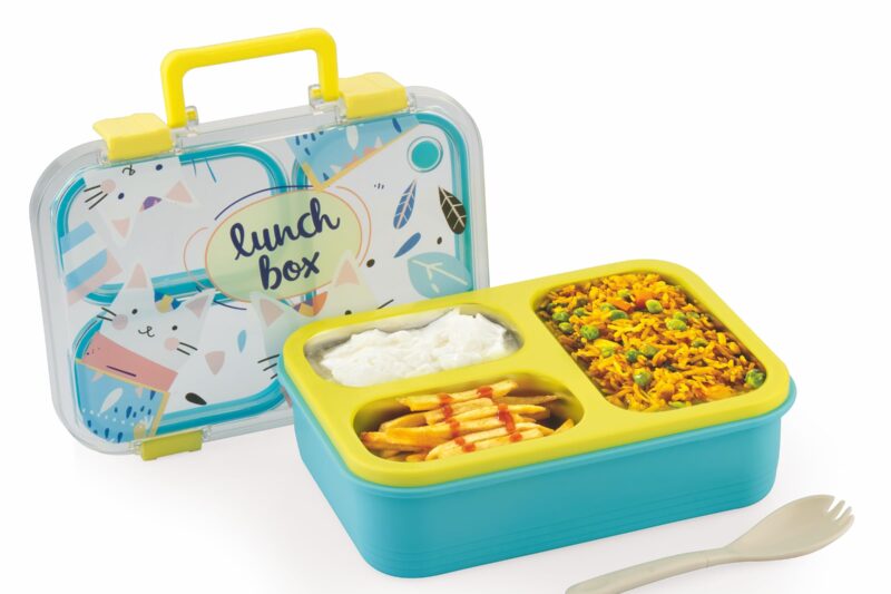 ATTRO Kitty Kart Plastic Lunch Box – 3 Compartment Bento Tiffin, Leak-Proof & Durable, Plastic Cutlery, Ideal for Kids, School,Picnic – 800ml, Yellow Blue
