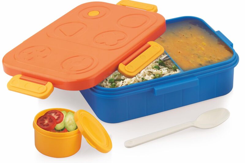 ATTRO TicTac Plastic Lunch Box – 3 Compartment Bento Tiffin, Leak-Proof & Durable, Ideal for Kids, School, Picnic– 1200ml+80ml, Orange Blue