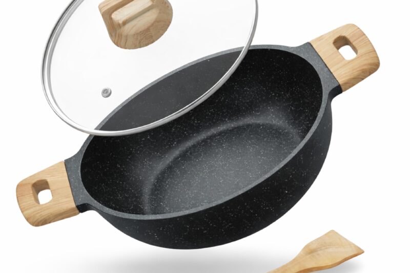 Lifelong Die-Cast Kadhai 24cm with Glass Lid & Wooden Spatula | 1.9L, 1.5Kg | Gas & Induction Compatible | Even Heat Distribution, Toxin & Teflon Free, Non-Stick, & Durable | Perfect for Cooking