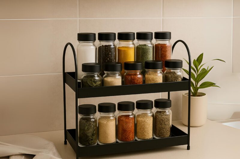 HomeGrits 2-Layer Revolving Square Storage Trolley – Black Metal Swinging Basket Rack with Wheels – Space-Saving Square Organizer for Kitchen, Bathroom, Office & Home Essentials