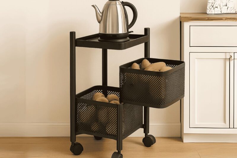 2-Layer Revolving Square Storage Trolley – Black Metal Swinging Basket Rack with Wheels – Space-Saving Square Organizer for Kitchen, Bathroom, Office & Home Essentials