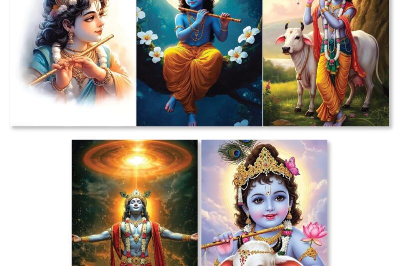 Krishna ji Devotional Wall Posters, Premium 300 GSM, HD Quality, Matte Finish, 22×32 cm, Set of 5 with Glue Drops