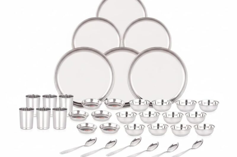 36 Pieces Stainless Steel Dinnerware/Dinner Set – 6 Thali, 6 D.Plate, 12 Bowl, 6 Glass, 6 Spoon, Kitchen Set for Home & Restaurants, Family – Silver,Solid