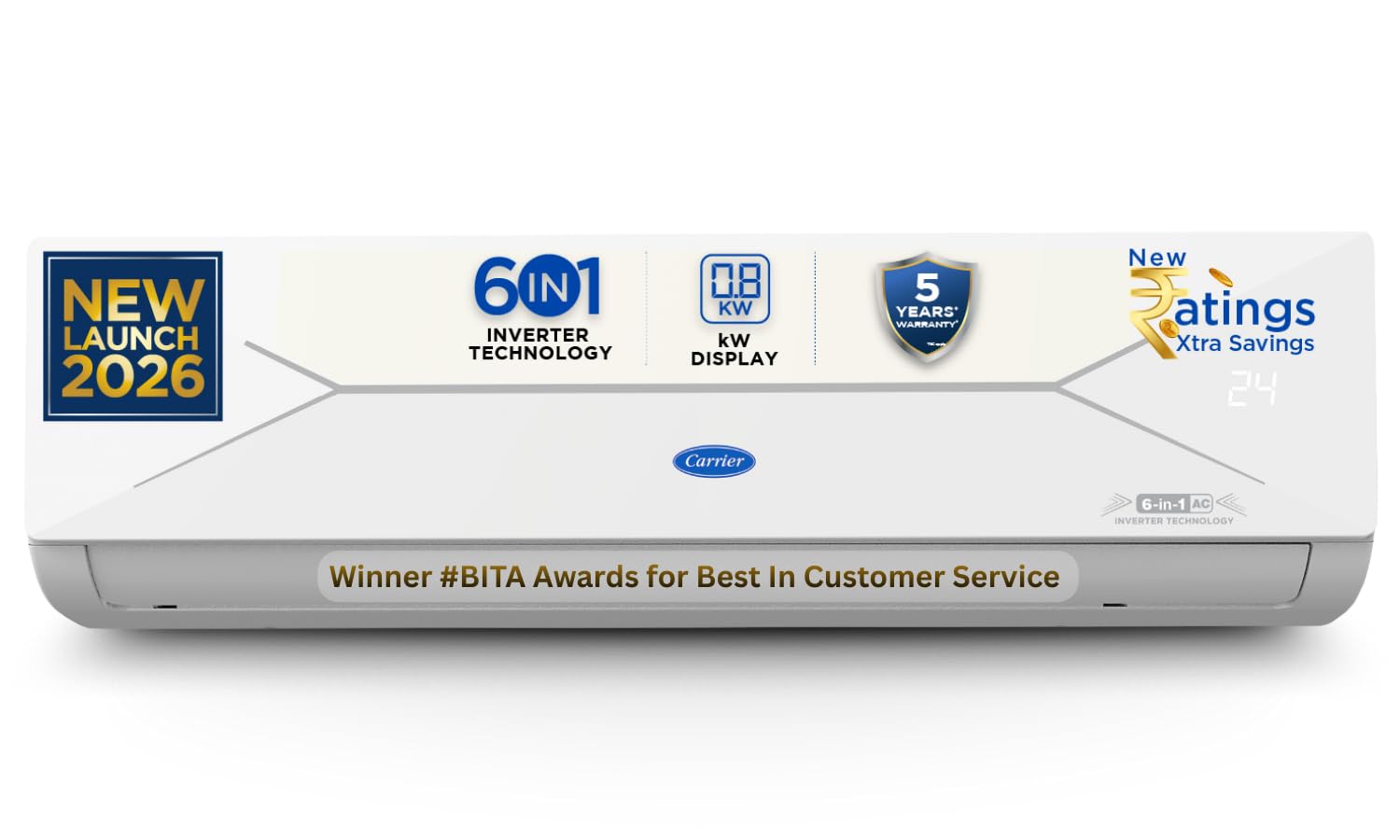 B0GCDZ468N Carrier 1 Ton 3 Star Flexicool Inverter Split AC (Copper, Convertible 6-in-1 with Smart Energy Display, Insta Cool, Auto Clean, PM 2.5 Filter,New BEE rated, ESTER EDGE Gxi-CAI12EE3R36F0, White)