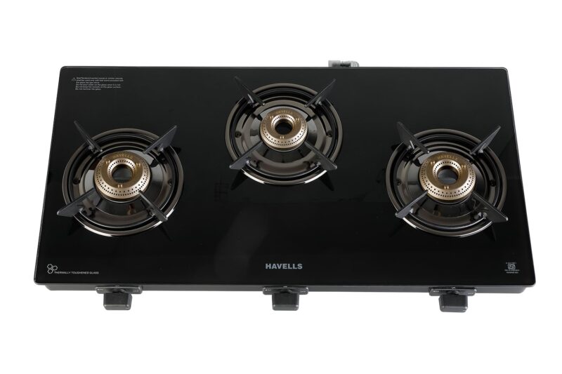 Havells GEOSLIM JUMBO Gas stove |3 Heavy Duty Forged Brass Burner|6 mm Toughened Glass|Premium Valves|Removable Drip Tray|Soft Touch Knobs|5 year Warranty on Burners, Glass & Valves by Havells (Black)