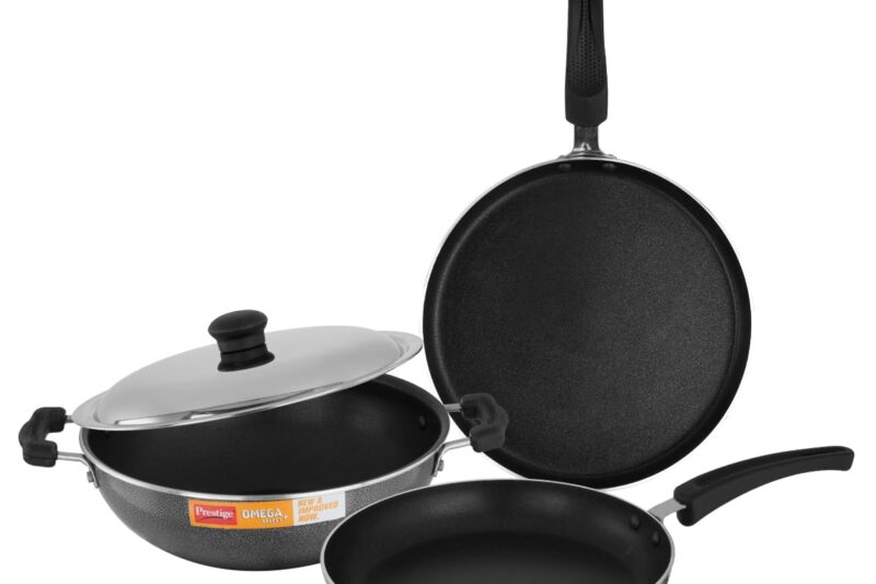 Prestige Non-Stick 3 Pc Cookware Set with Stainless Steel Lid | Omega Select Plus | Omni Tawa 25cm | Fry Pan 25cm | Kadai 25cm | PFOA Free | Metal Spoon Friendly | Sturdy Handles | 1Y Warranty | ISI