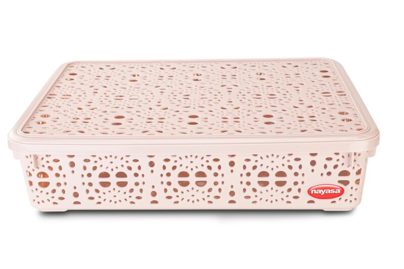 Nayasa Flower Storage Box Medium | Plastic Basket with Lid | Multipurpose Basket with Lid | Organizer Basket with Lid | Beige