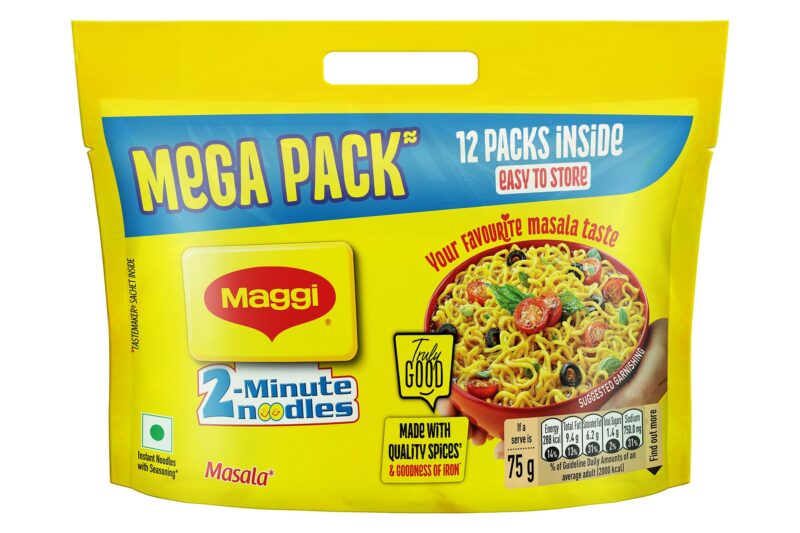 MAGGI 2-Minute Instant Noodles, Favourite Masala Taste, Masala Noodles With Goodness Of Iron, Made With Choicest Quality Spices, 840/900g Pouch (Pack of 12, 70/75g each) (weight may vary)