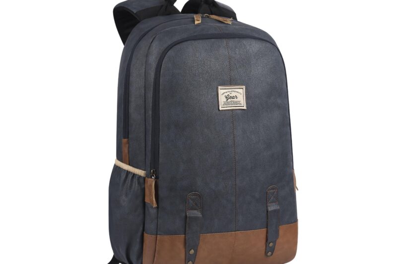 Gear Classic 20L Small Faux Leather Water Resistant Anti Theft 3 Compartment Laptop Backpack/Backpack for Men/Women (Navy-Tan)