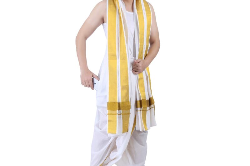 PRAKASAM COTTON Men Cotton Panjakejam (Ready To Wear) Casual Style Dhoti Towel Set With Pocket
