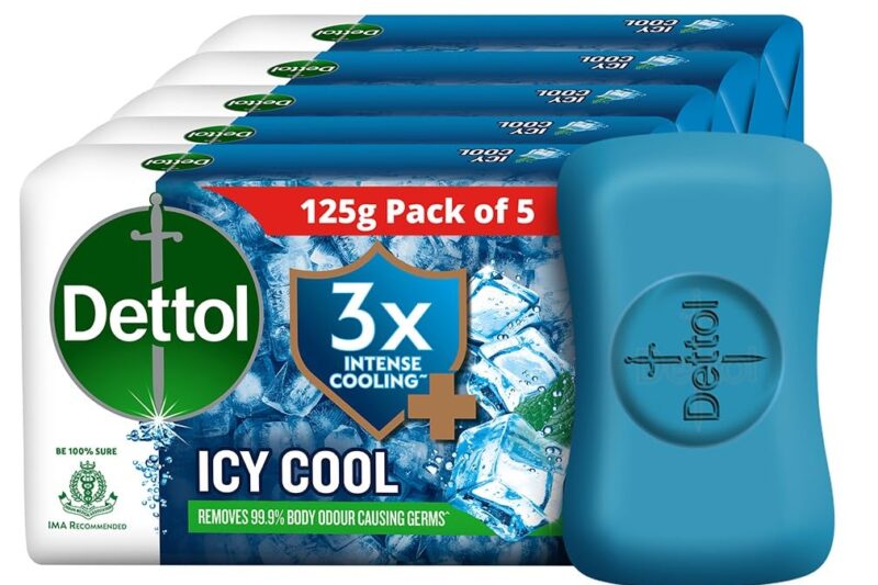 Dettol Icy Cool Bathing Soap Bar With 3x intense cooling (625gm), 125gm – Pack of 5