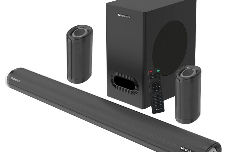 ZEBRONICS Zeb-Juke BAR 9500WS PRO Dolby 5.1 soundbar with Wireless Satellites, Dolby Audio, 525 Watts Output Power, 16.5cm subwoofer, HDMI ARC, Optical, BT v5.0, LED Display, Wall Mount and AUX,Black Price