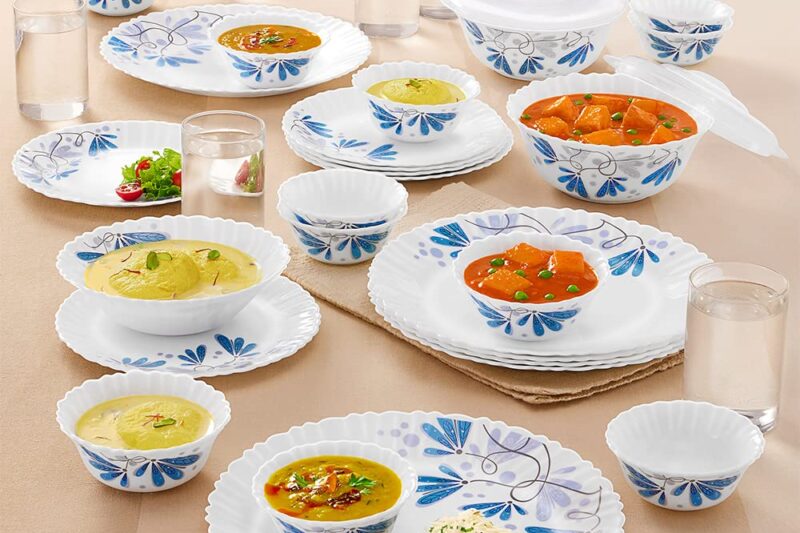 Larah By Borosil Twilight Silk Series Opalware Dinner Set with Glasses, 35 Pieces for Family of 6, Microwave & Dishwasher Safe, Bone-Ash Free, Crockery Set for Dining & Gifting, Plates & Bowls, White