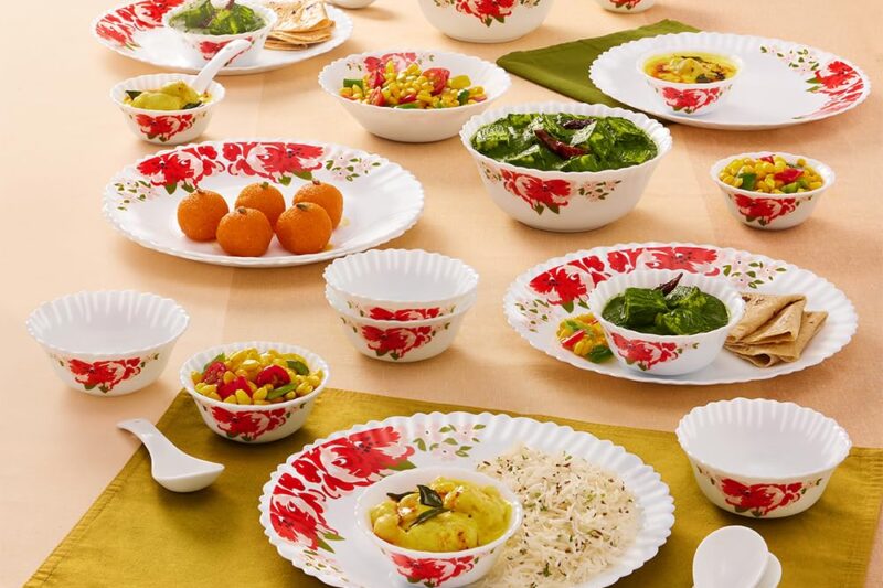 Larah by Borosil Rose Red Silk Series Opalware Dinner Set | 27 Pieces for Family of 6 | Microwave & Dishwasher Safe | Bone-Ash Free | Crockery Set for Dining & Gifting | Plates & Bowls | White