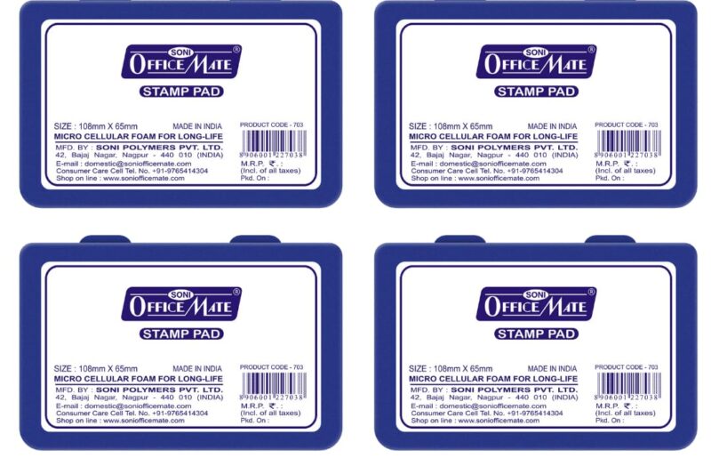Soni Officemate Small Stamp Pad Blue Pack of 4 | Quick-Dry, Smudge-Free Ink | Crisp Impressions | Refillable & Durable | For Office, School, Craft & DIY