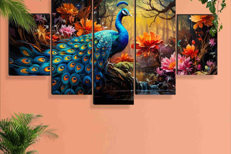 SAF Peacock Paintings for Wall Decoration – Set Of Five, 3d Scenery Vastu Painting for Living Room Large Size with Frames for Home Decoration, Hotel, Office 76.2 cm x 45 cm SANFPNLS35471