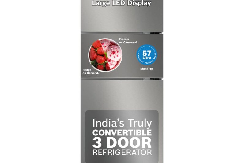 Bosch 303L, 3 Star, MaxFlex Convert Frost Free Triple Door Refrigerator | 8-in-1 Convertible Storage Modes | 57L Extra Convertible Zone | Cool Extend up to 18 hours (CMC33S03NI, Shiny Silver)