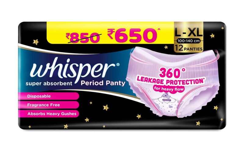 Buy Whisper Super Absorbent Period Panty, 12 L-XL Pants, 360 Degree Leakage Protection* for Heavy Flow, Panty like Fit, Full back Coverage, Absorbs Heavy Gushes, Silky Soft, Comfortable Feel Online at Low Prices in India – Amazon.in