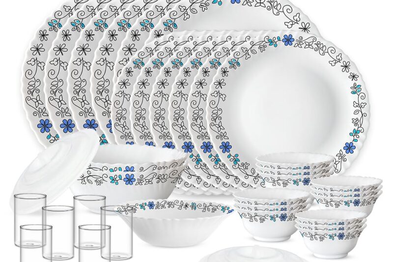 Larah by Borosil Silk Series Blue Iris Opalware Dinner Set with Vision Glass | 35pcs for Family of 6 | Microwave & Dishwasher Safe | Bone-Ash Free | Crockery for Dining & Gifting | White, Plate & Bowl
