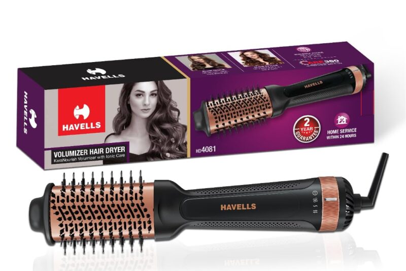 Havells HD4081 Professional Volumizer Hair Dryer, KeraNourish Ceramic Coating Brush Head, 1200 Watts, Ionic Care, Nylon Bristles,Cool Tip with Stand Support