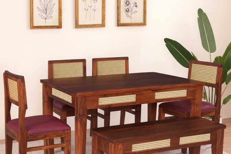 Home Centre 6 Seater Lia Rubber Wood Dining Set | Rubber Wood Dining Table with 4 Cushion Chair and 1 Cushion Bench | (Brown) | 1 Year Warranty