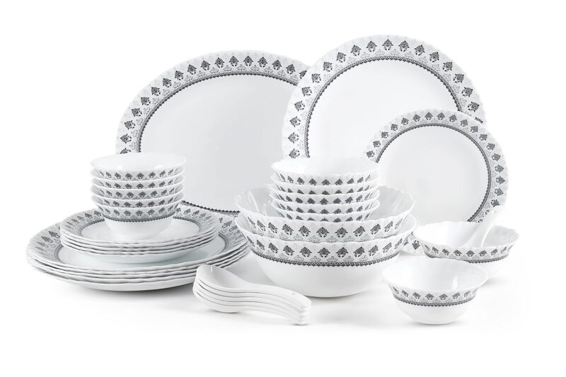 Cello Opalware Imperial Plus Oxford Dinner Set, 33 Units | Microwave & Dishwasher Safe | Light-Weight & Thermal Resistant | Crockery Set for Dining & Gifting
