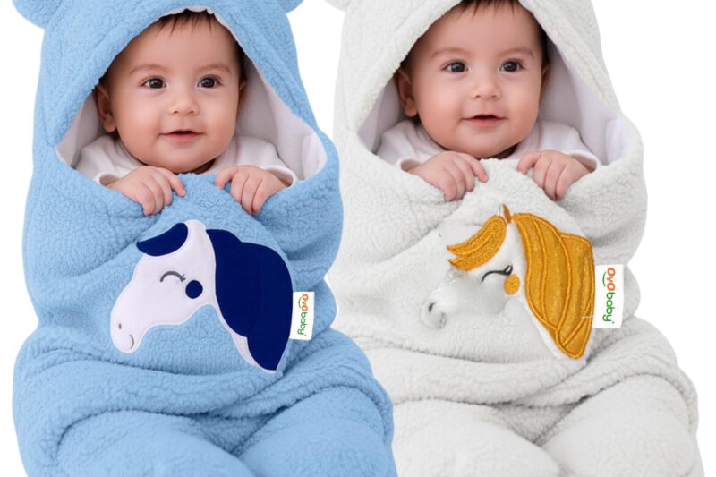 OYO BABY Newborn Baby Blanket Combo Pack – 2 Pcs Super Soft Micro Fleece Wrapper/Sleeping Bag (0-06 Months, 72×68 cm, Blue & White, Skin-Friendly, Boys & Girls)