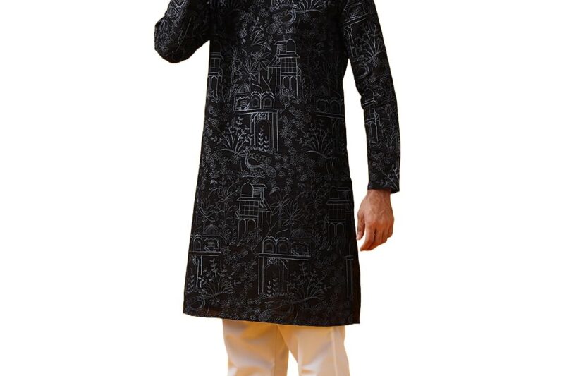 SOJANYA (Since 1958 Men’s Cotton Silk Kantha Thread Embroidered Kurta with White Pyjama