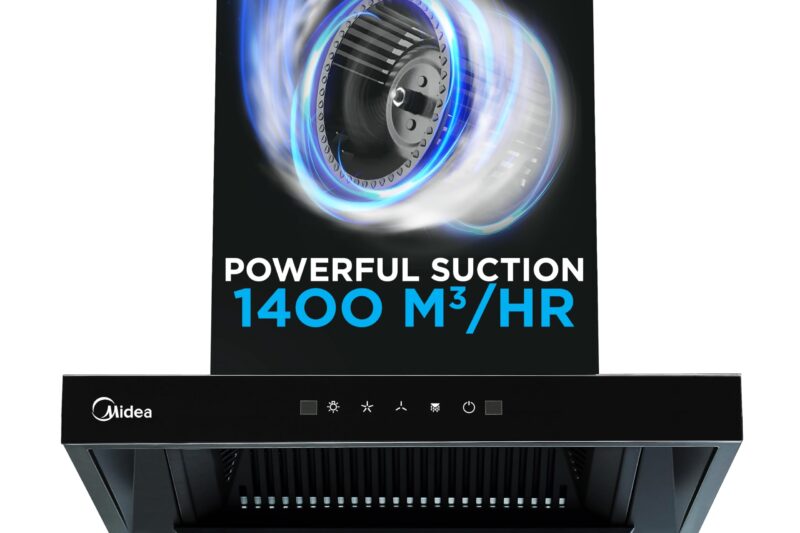 Midea 60 cm 1400 m3/hr Filter-less, Autoclean, Motion Sensor, T Shape kitchen Chimney with 2 Yrs Product and 10 Yrs Motor Warranty, Free Installation Kit (Falcon Auto Clean), Black