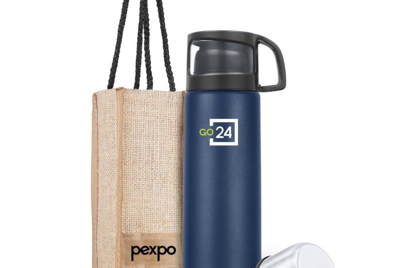 Pexpo Stainless Steel Water Bottle 1 LTR, ISI Certified, Hot & Cold Flask with Jute Bag | 3 Layer Insulation | 2 Year Warranty | for Office, Travel & Picnic | Fererro | Denim Blue (Dual Cap)