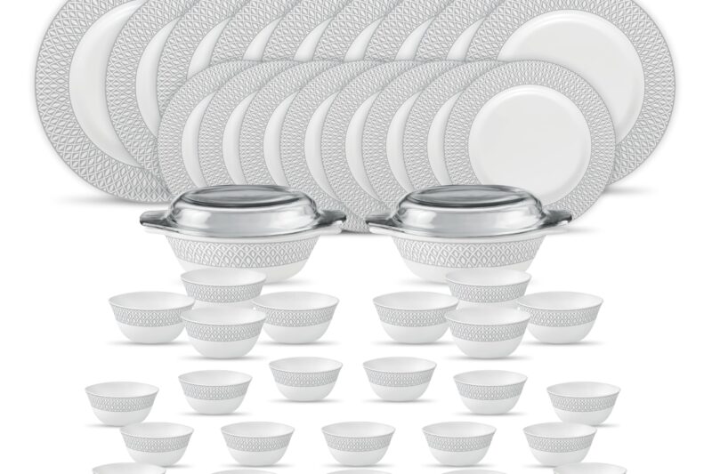 La Opala Diva Velvett Collection Opal Glass Crockery | for Family of 8 | Dinner Set 45 pcs Tudor Grey | Plates & Bowls for Dining | Microwave Safe | 100% Vegetarian | Extra Strong | Light & White