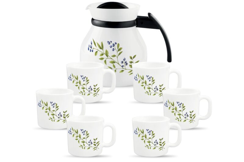 La Opala Novo Collection Opal Glass Crockery | Coffee Set 7 pcs | Coffee Mug with Coffee Pot, Lush Greens | for Tea & Coffee | Microwave Safe | 100% Vegetarian | Extra Strong | Light & White
