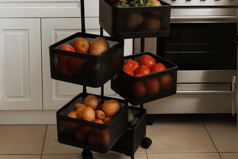 HomeGrits 5-Layer Revolving Square Storage Trolley – Black Metal Swinging Basket Rack with Wheels – Space-Saving Square Organizer for Kitchen, Bathroom, Office & Home Essentials