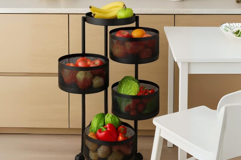 4+1 Layer Round Storage Trolley – Black Metal Revolving Basket Rack with Wheels – Space-Saving Organizer for Kitchen, Bathroom, Office & Home Essentials