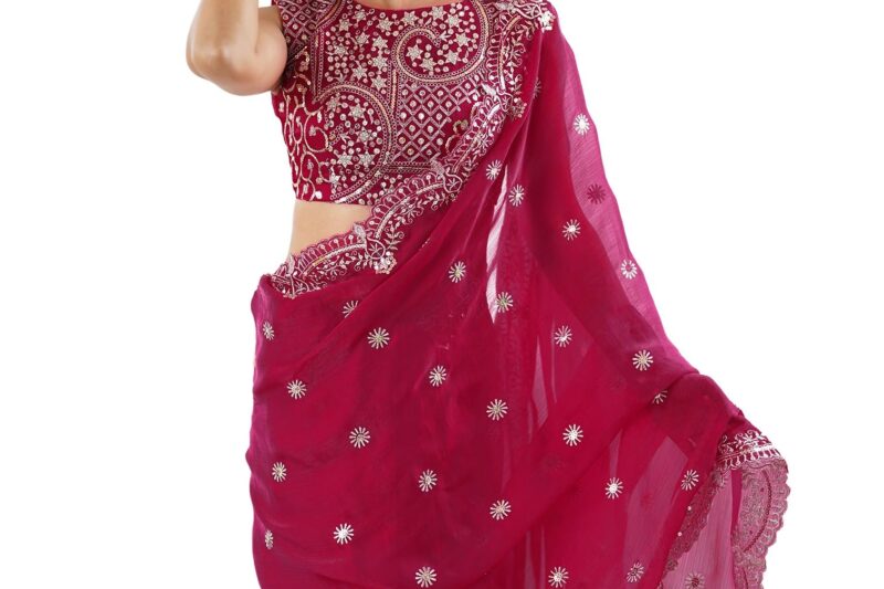 Satrani Women’s Shimmer Chiffon Dual Tone Scalloped Border Sequins Embroidery Saree with Unstitched Blouse Piece