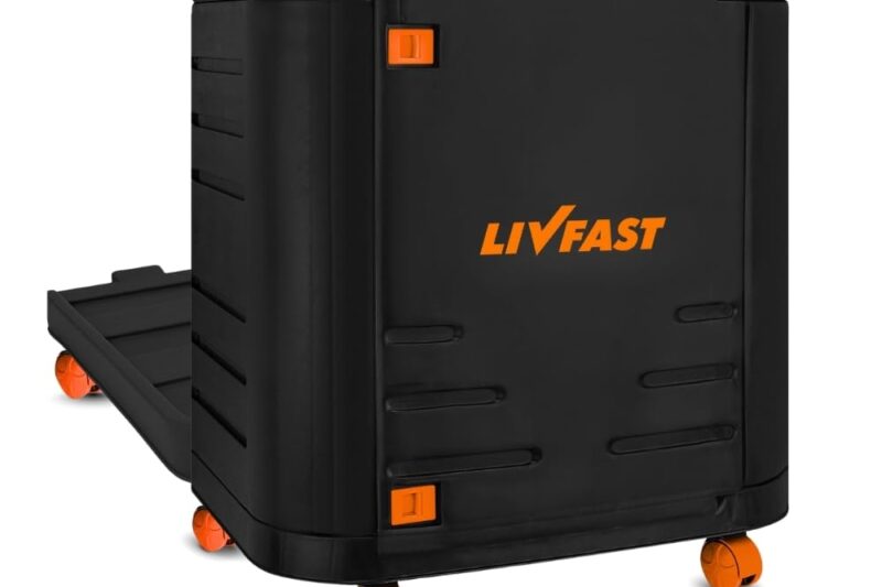 Livfast Convertible Inverter Battery Trolley for Single Battery with Protective Cover | Ideal for Home Inverter & Battery with 150 kg Load Capacity, Support Upto 2 Batteries – Black Orange
