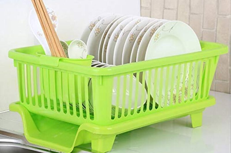 HomeWiz Dish Drying Rack | 3 in 1 Heavy-Duty Dish Drainer Basket with Drain Tray & Built in Cutlery Holder | Strong Plastic Dish Drying Rack for Plates & Bowls | Kitchen Countertop Organizer | Green