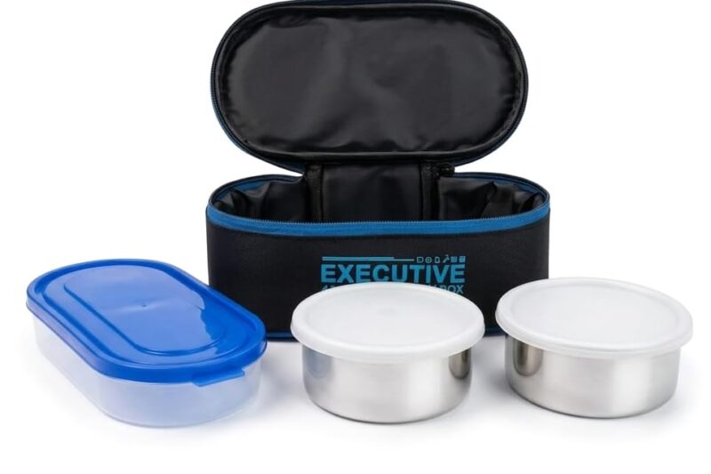 Zaib Stainless Steel Lunch Box for Kids with Insulated Carry Bag | 3 Containers: 2x350ml + 1x400ml Rice Bowl | Durable, Leak-Proof & BPA-Free Tiffin Box for School, Travel & Picnics (Executive 2+1)